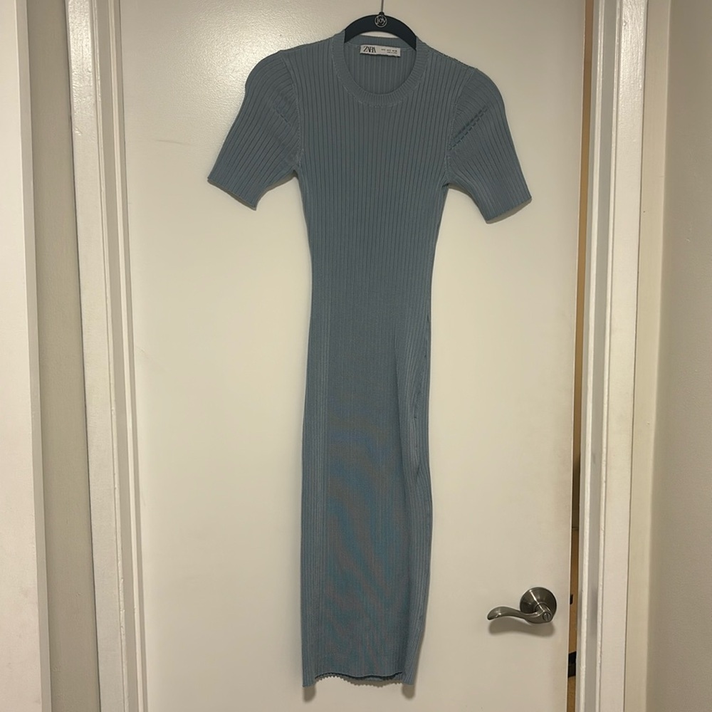Zara blue mid length body con dress with back opening